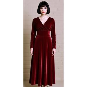 NWT Red Stretch Velvet Long Sleeve V Neck Maxi Dress Gown XXL Whimsigoth Event